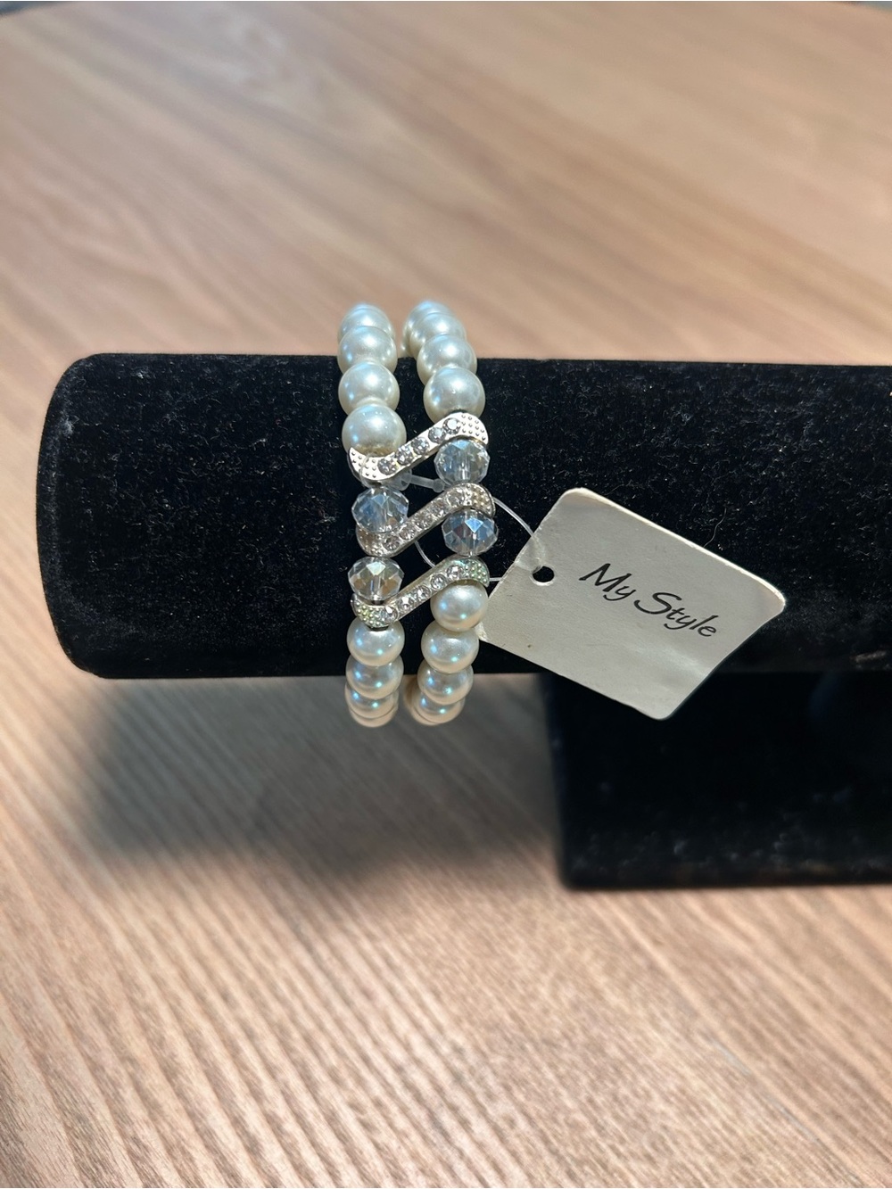 Vintage Double White Faux Pearl & Crystal Stretch Bracelet